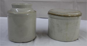 Two crocks, 5.5 X 7.25" and crock with lid (has
