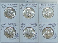 6 MS Half Dollars: (3) 1963-D Franklin. (3) 1964 K