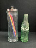 Glass Straw Holder & Coca-Cola Bottle 6 1/2 ounce