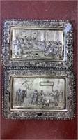 2 plated copper metal plaques scenes in relief