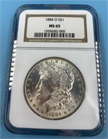 NGC Graded,  Morgan Silver dollar  1884 O MS 65