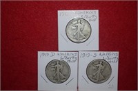 (3) Walking Liberty Half Dollars 1919, 1919D &