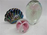 3 Art Glass Paperweights - 2 Maker Marked