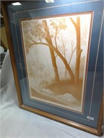 Signed McLain Sepia Deer in Forest Wall Art