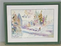 water color, by E. Hanagan- Snowy Street Scene