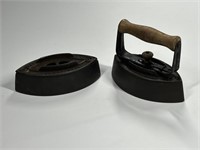 2) CAST IRON IRONS, WOOD HANDLE