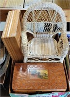 2 WOOD JEWELRY BOXES & WICKER DOLL CHAIR
