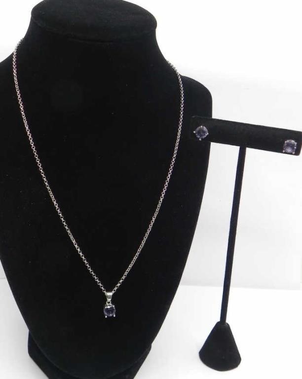 EFFY SILVERTONE NECKLACE W/ PURPLE GEM & EARRINGS