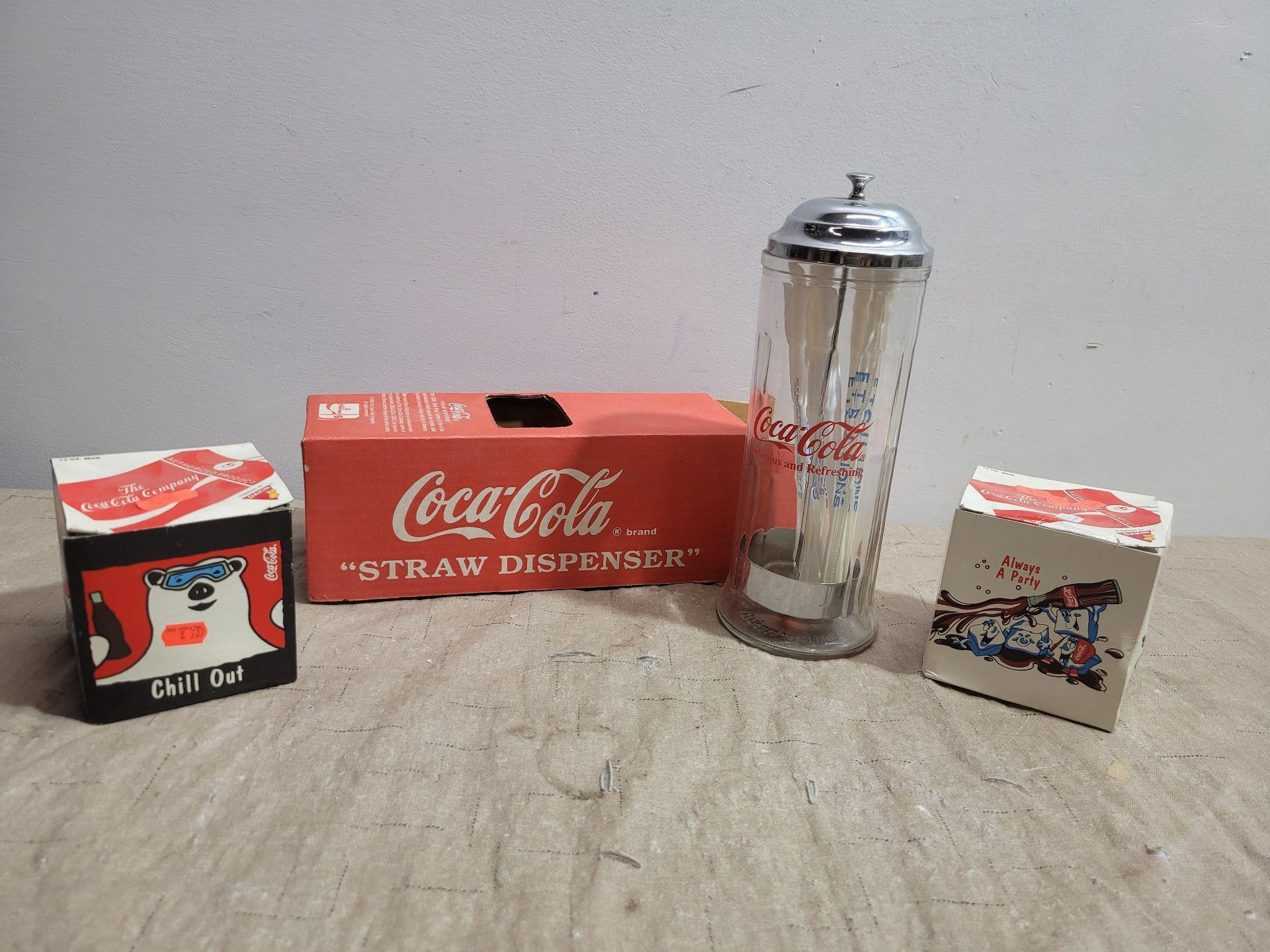 Coca-Cola Straw Dispenser, and 2 Coffee Cups