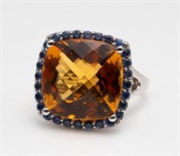 18K White Gold, Citrine & Sapphires Ladies' Ring.