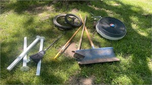 Shovel, garden tools, tires, fan,