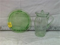 GREEN DEPRESSION GLASS, PITCHER, CAKE PLATTER