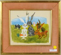 Framed Gouache Of Whimsical Rabbits