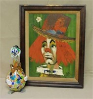 Murano Clown Decanter and Sad Clown Painting.