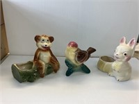 Set of 3 ceramic figural planters bear bunny bird