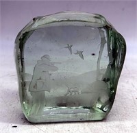 Glass Block Figure w Etched Duck Hunting Scene