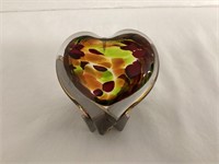 Signed Art Glass Heart Paperweight with Stand