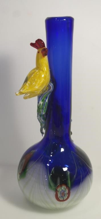 MCM BLOWN GLASS ART VASE: BLUE W/ROOSTER