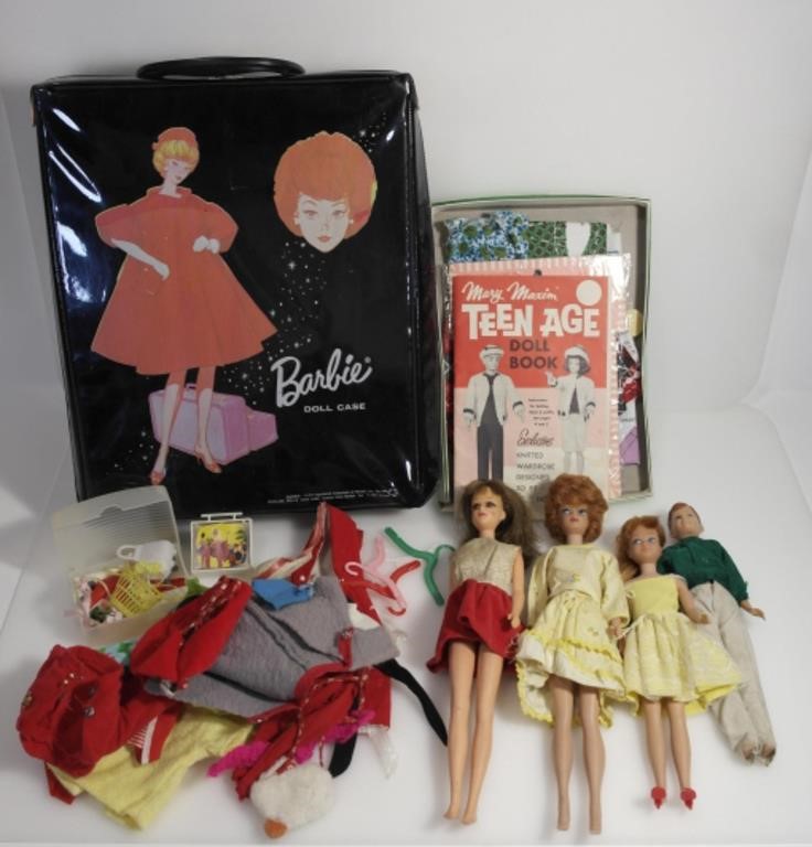 VINTAGE BARBIE DOLLS, CLOTHES & CARRYING CASE