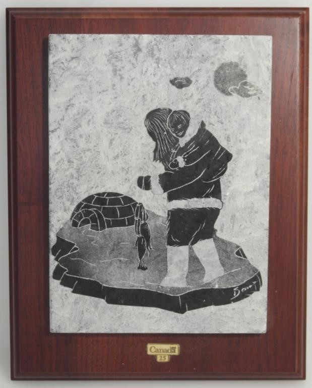 "FISHING INUIT MOTHER" SOAPSTONE WALL HANGING