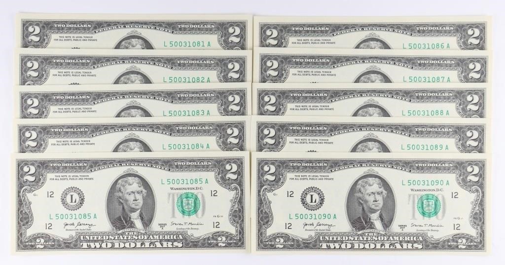 (10) x NEW CONSECUTIVE $2 BILL NOTES