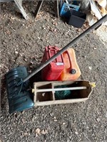 Snow Shovel, Jerry Cans and Wooden Carry Box