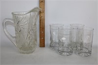Vintage Glass Pitcher & 4 Thumbprint Glasses