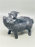 black cast flying pig figurine