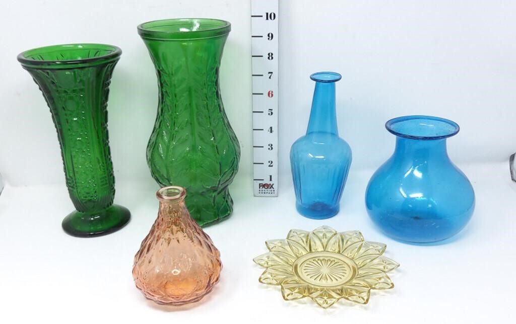 Colored Glass Vases & Topaz Candy Dish