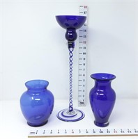 Blue Art Glass Candleholder & Blue Vases