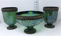 (2) Green Mosaic Vases & (1) Bowl