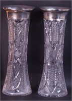 A pair of 13" high cut glass vases with sterling