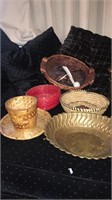 Misc baskets, brass bowls, and plastic