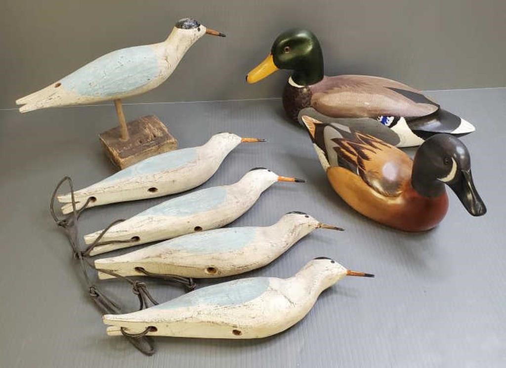 Group wooden duck decoys & shore birds-