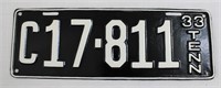 Black 1933 TN license plate