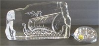 Large Art Glass Viking Ship & Cristal Paperweight