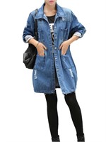 Womens Blue Longline Distressed Denim Jacket XL