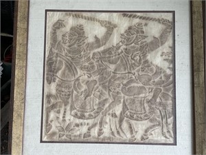 Framed Thai Temple rubbing matted with wood and