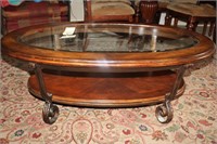 GORGEOUS OVAL WOOD, IRON, GLASS TOP COFFEE TABLE