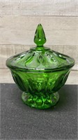 Vintage Heavy Green Glass Covered Candy Dish 7.5"