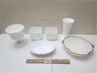 Milk Glass Bowls, Vases, & Square Containers