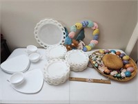 Milk Glass Dishes & Easter Wreaths w/ Tote