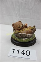 Homco Bear Cub w/Apple Figurine / Wood Base