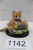 Homco Fox & Snail on Log Figurine / Wood Base