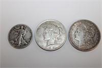 3pc Coins - (1) 1921 Morgan Silver Dollar, (2)