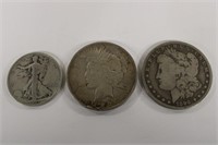 3pc Coins; 1890 O Morgan Dollar, 1922 Peace