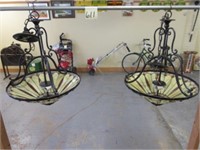 (2) Hanging Kitchen Lights w/ Leaded Glass Shades