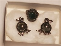 Unusual bird earrings ring sterling turquoise