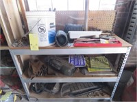 SHELF AND CONTENTS - POSTED SIGNS, RADIO, CHAIN