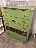 Antique wood five drawer dresser painted green